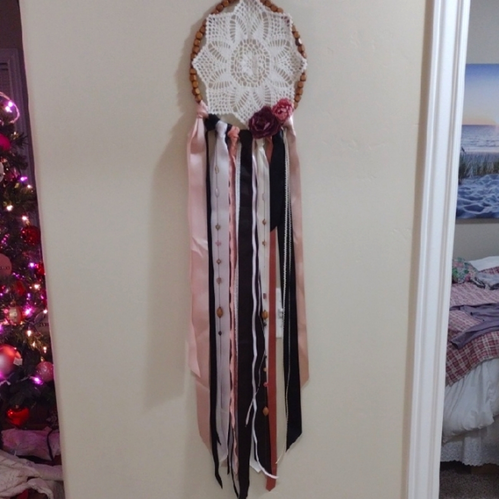 Handcrafted Dreamcatcher with Pink, Cream and Black Ribbons